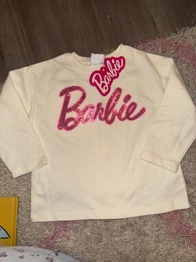 Zara Cream Long-Sleeve Top with Pink Glitter Barbie Logo